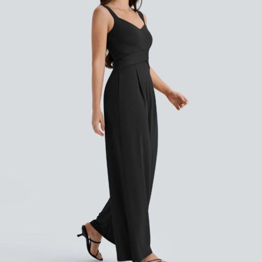 Halara Black Wide Leg Crisscross Waist Built In Bra Dressy Jumpsuit Petite M
